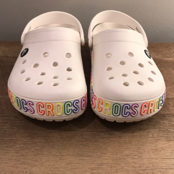 white rainbow crocs